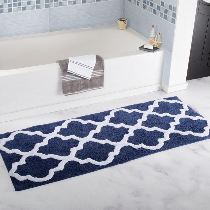 Bathroom Rugs and Bath Mats |  100% Washable Cotton Bathroom Rug – 24×60-Inch Bathmat with Trellis Pattern and Non-Slip Base – by (Navy) Bathroom Rugs & Bath Mats Bathroom Rugs & Bath Mats