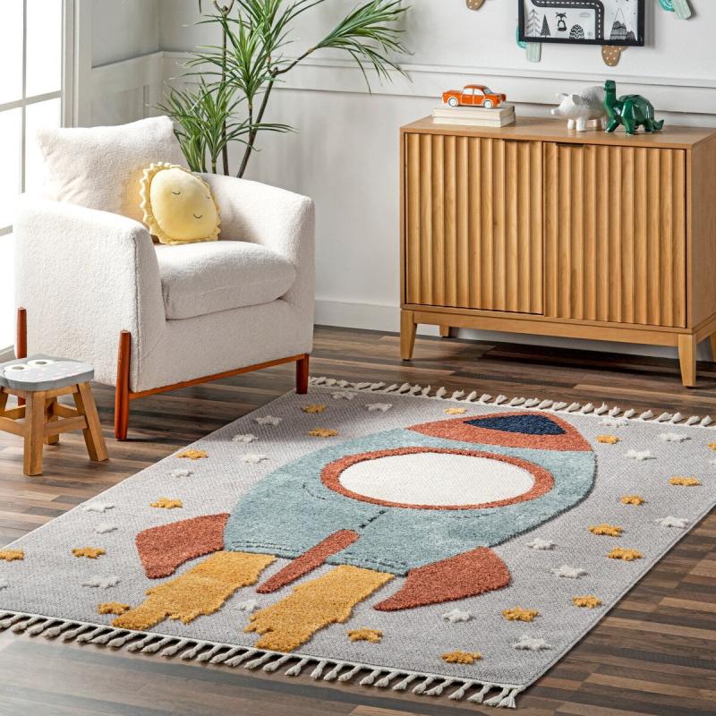 Kids Rugs |  Journee Rocket Ship High-Low Kids Tasseled Area Rug. Kids Rugs Kids Rugs