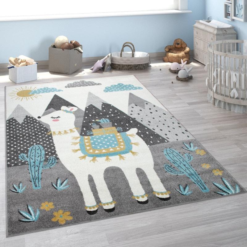 Kids Rugs |  Kids Rug for Nursery with Llama and Mountains in Grey Blue Cream Kids Rugs Kids Rugs