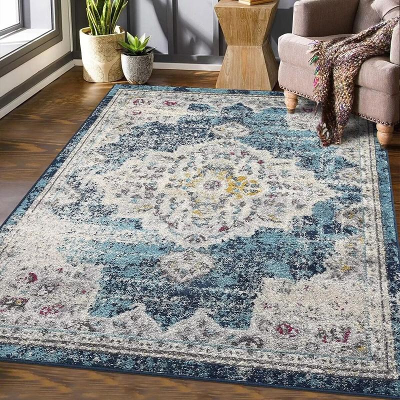 Kids Rugs |  Vintage Medallion Area Rug Distressed Throw Carpet Living Room Bedroom Rugs Kids Rugs Blue