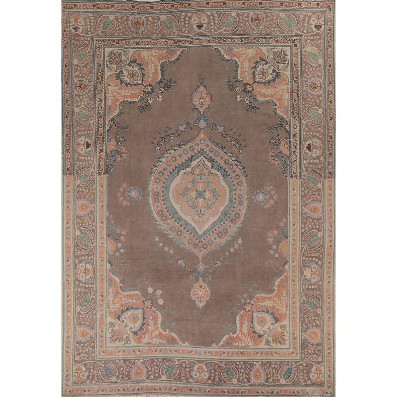 One-of-a-Kind Rugs |  Brown Geometric Tabriz Vintage Persian Area Rug Handmade Wool Carpet – 9’4″ x 12’5″ One-of-a-Kind Rugs Brown