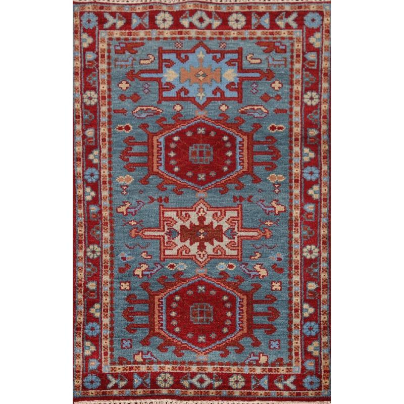 One-of-a-Kind Rugs |  Geometric Kazak Oriental Area Rug Hand-Knotted Wool Carpet – 2’11″x 5’1″ One-of-a-Kind Rugs Blue