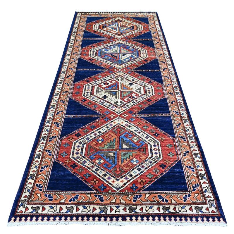 One-of-a-Kind Rugs |  Oxford Blue Afghan Ersari Geometric Wide Runner with North West Persian Design Hand Knotted Rug (4’2″ x 10’3″) One-of-a-Kind Rugs One-of-a-Kind Rugs