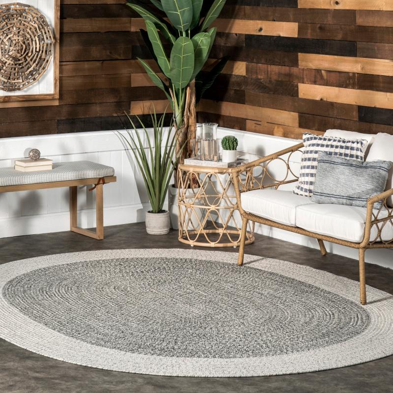 Outdoor Rugs |  Solid Border Indoor/Outdoor Hand-braided Area Rug Outdoor Rugs Grey-Ivory