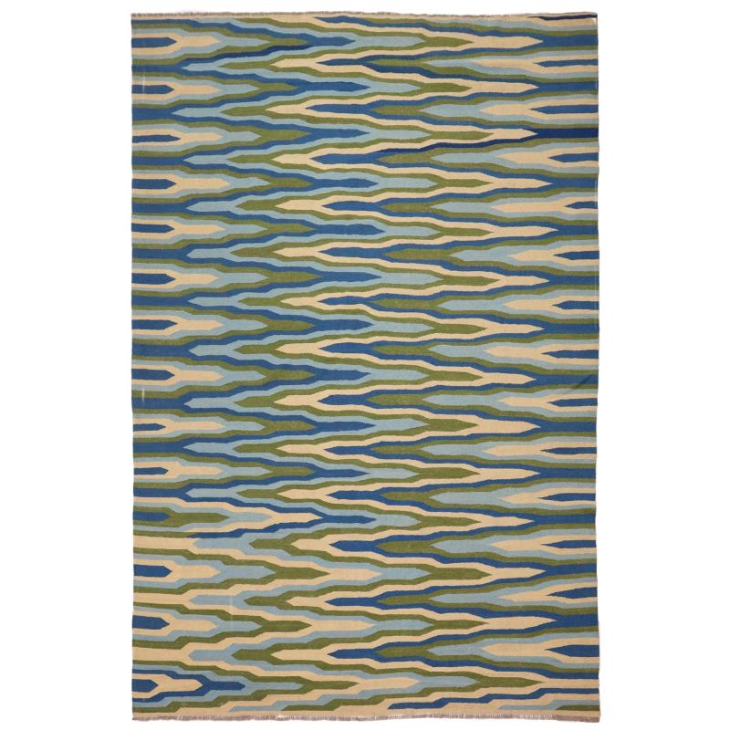 One-of-a-Kind Rugs |  Boh Chic Turkish Tyrone Hand-Woven Kilim Rug – 9’2” x 12’0” – 9’2” x 12’0” One-of-a-Kind Rugs Blue-Beige-Green-